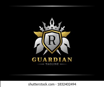 Guardian Shield With R Letter. Abstract Spartan Warrior Logo