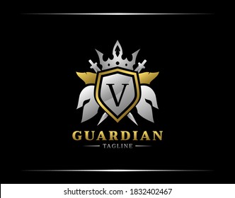 Guardian Shield With V Letter. Abstract Spartan Warrior Logo