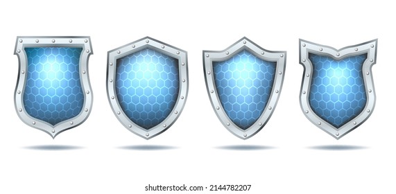 Guardian shields. Blue honeycombs business defender shield set, network guard tech security info safe shining symbols with steel frames isolated on white background