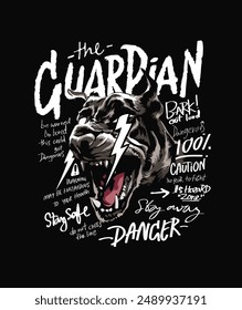 guardian slogan with angry dog on danger text calligraphy vector illustration on balck background