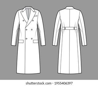 Guards coat technical fashion illustration with double breasted, midi length, round collar peak, flap pockets, half belt. Flat jacket template front, back, white color. Women, men, unisex CAD mockup