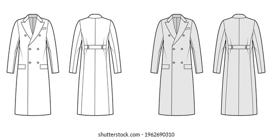 Guards coat technical fashion illustration with double breasted, midi length, round collar peak, half belt. Flat jacket template front, back, white, grey color style. Women, men, unisex top CAD mockup