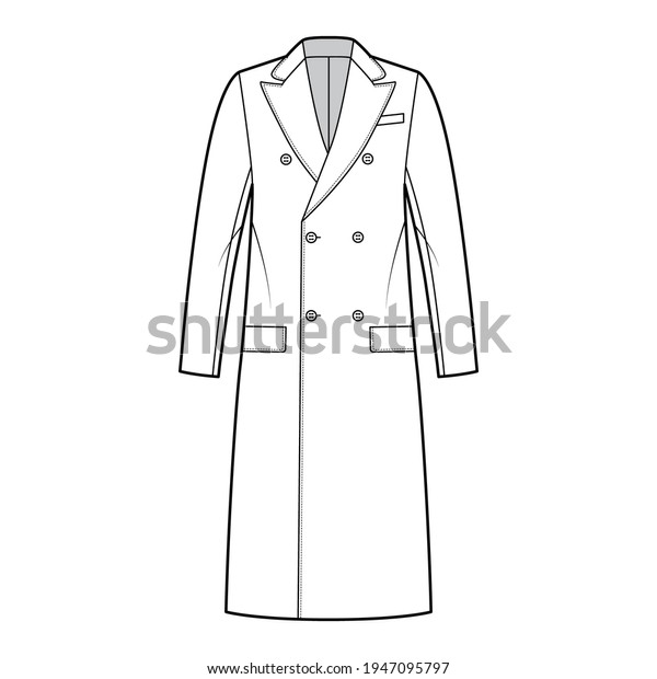 Guards coat technical fashion illustration with\
double breasted, midi length, round collar peak, flap pockets, half\
belt. Flat jacket template front, white color style. Women, men,\
unisex CAD mockup