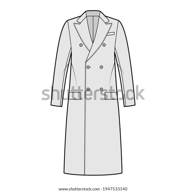 Guards coat technical fashion illustration with\
double breasted, midi length, round collar peak, flap pockets, half\
belt. Flat jacket template front, grey color style. Women, men\
unisex top CAD mockup