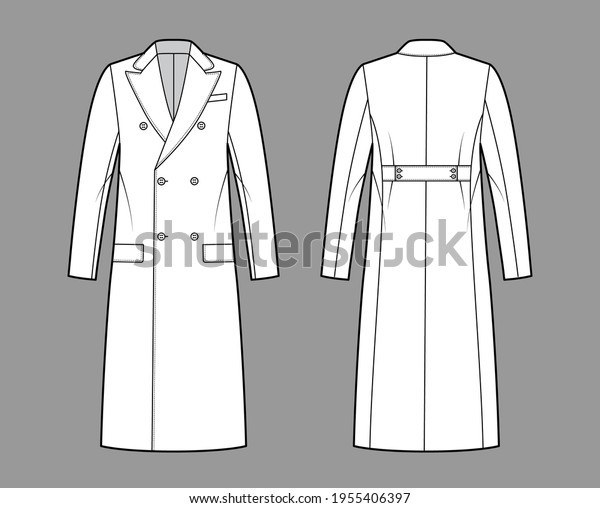 Guards coat technical fashion illustration with\
double breasted, midi length, round collar peak, flap pockets, half\
belt. Flat jacket template front, back, white color. Women, men,\
unisex CAD mockup