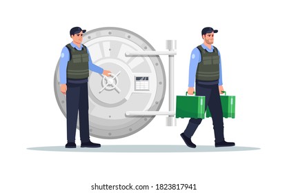 Guards near vault semi flat RGB color vector illustration. Policeman near money storage metallic door. Officer carry briefcase with cash. Bank security isolated cartoon character on white background