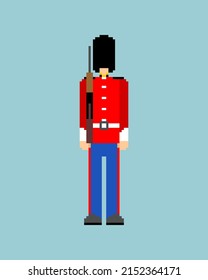  Guardsman pixel art. 8 bit sentry grenadier in bear hat. pixelated Vector illustration 