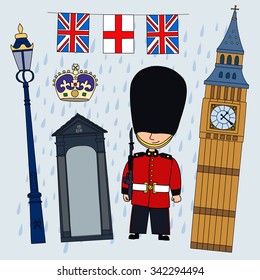 Guardsman. Set of cartoon objects that are symbols of London.