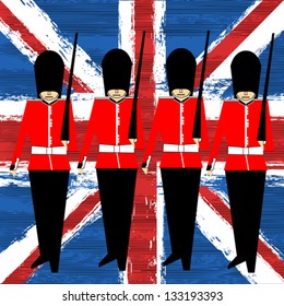 Guardsmen Marching Over A Union Jack vector background for a British Royal Event