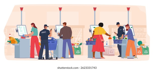 Guardiões monitorando a segurança e prevenindo o crime enquanto as pessoas pagam por compras no check-out de autoatendimento na cena de desenhos animados de supermercado. Vigilância profissional na mercearia ilustração vetorial
