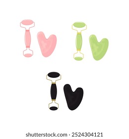 Guasha massage scraping. Roller for Face and Gua Sha Massage. Pink rose, green and black quartz stone roller and Scraping Plate Kit. Anti-Aging Beauty Skincare Tool. Vector illustration.