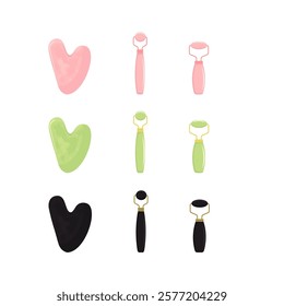 Guasha massage scraping. Roller for Face and Gua Sha Massage. Pink rose, green and black quartz stone roller and Scraping Plate Kit. Anti-Aging Beauty Skincare Tool. Vector illustration.