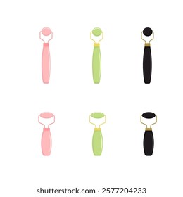 Guasha massage scraping. Roller for Face and Gua Sha Massage. Pink rose, green and black quartz stone roller and Scraping Plate Kit. Anti-Aging Beauty Skincare Tool. Vector illustration.