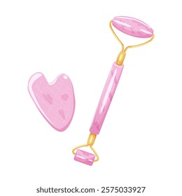 Guasha massage set for self care. Mesoscooter and gua sha stone scraper. Roller massager for face. Vector illustration