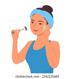 guasha Smiling woman do face roller massage and guasha scraper. Vector illustration.