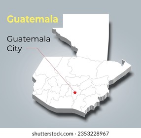 Guatemala 3d map with borders of regions and it’s capital