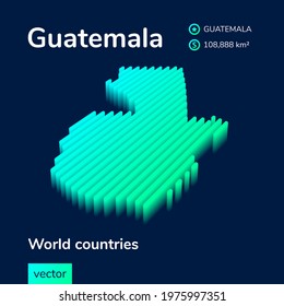 Guatemala 3d map. Stylized neon simple digital isometric striped vector  Map of Guatemala is in green, turquoise and mint colors on the dark blue background