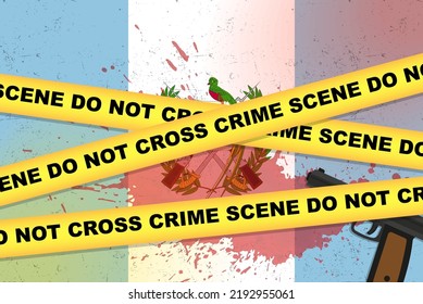 Guatemala armed attack vector banner, shooting news concept, armed assault with gun and blood stain on Guatemala flag, yellow police tape, crime scene composition, top view, flat design