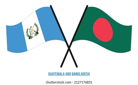 Guatemala and Bangladesh Flags Crossed And Waving Flat Style. Official Proportion. Correct Colors.