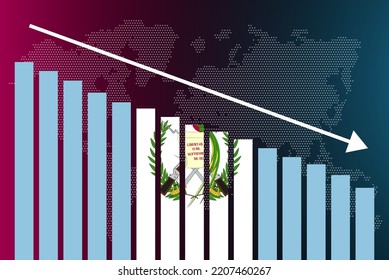 Gráfico de gráfico de barras de Guatemala, valores decrecientes, concepto de crisis y rebaja de calificación, gráfico de barras de la bandera de Guatemala, flecha abajo en los datos, idea de banner de noticias, falla y disminución, estadística financiera