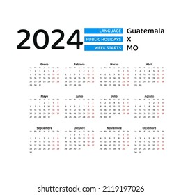 Guatemala calendar 2024. Week starts from Monday. Vector graphic design. Spanish language.