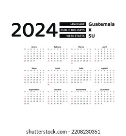 Guatemala calendar 2024. Week starts from Sunday. Vector graphic design. Spanish language.