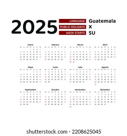 Calendario de Guatemala 2025. La semana comienza el domingo. Diseño gráfico vectorial. Español.