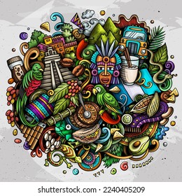 Dibujo del doodle de dibujos animados de Guatemala. Diseño divertido. Fondo vectorial creativo con objetos y elementos de país de América Central. Composición colorida