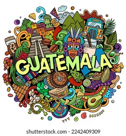 Dibujo del doodle de dibujos animados de Guatemala. Diseño divertido. Fondo vectorial creativo. Texto escrito a mano con objetos y elementos de Centroamérica. Composición colorida