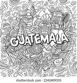 Dibujo del doodle de dibujos animados de Guatemala. Diseño divertido. Fondo vectorial creativo. Texto escrito a mano con objetos y elementos de Centroamérica. Composición esquemática