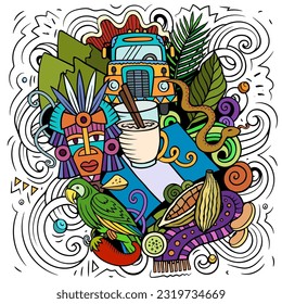 Dibujo del doodle de dibujos animados de Guatemala. Diseño divertido. Fondo vectorial creativo con objetos y elementos de país de América Central. Composición colorida