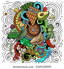 Dibujo del doodle de dibujos animados de Guatemala. Diseño divertido. Fondo vectorial creativo con objetos y elementos de país de América Central. Composición colorida