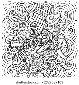 Dibujo del doodle de dibujos animados de Guatemala. Diseño divertido. Fondo vectorial creativo con objetos y elementos de país de América Central. Composición esquemática