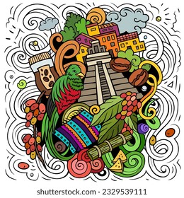 Dibujo del doodle de dibujos animados de Guatemala. Diseño divertido. Fondo vectorial creativo con objetos y elementos de país de América Central. Composición colorida