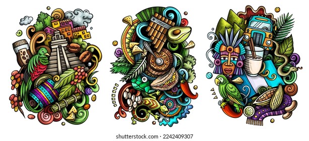 Guatemala cartoon vector doodle designs set. Colorful detailed compositions with lot of Caribbean objects and symbols. Isolated on white illustrations