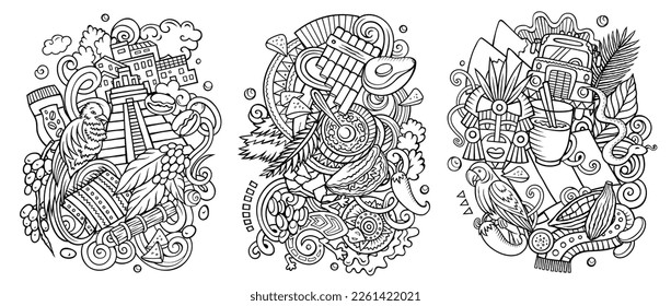 Diseño de doodles vectores de caricatura de Guatemala. Coloridas composiciones detalladas con muchos objetos y símbolos caribeños. Isolación en ilustraciones blancas