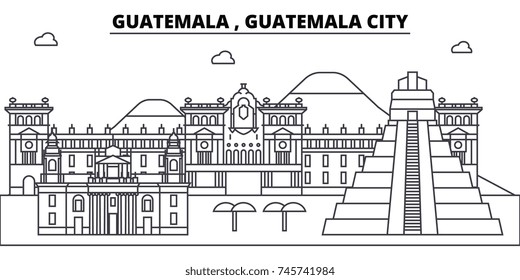 Guatemala , Guatemala City architecture skyline buildings, silhouette, outline landscape, landmarks. Editable strokes. Urban skyline illustration. Flat design vector, line concept