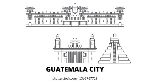 Guatemala, Guatemala City line travel skyline set. Guatemala, Guatemala City outline city vector illustration, symbol, travel sights, landmarks.