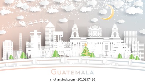 Guatemala City Skyline in Paper Cut Style with Snowflakes, Moon and Neon Garland. Vector Illustration. Christmas and New Year Concept. Santa Claus on Sleigh. Guatemala Cityscape with Landmarks.