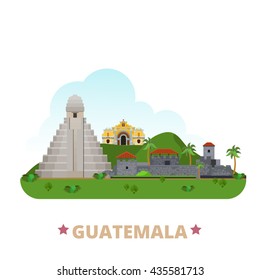 Guatemala country flat cartoon style historic sight showplace web site vector illustration. World vacation travel America collection. La Merced Church Antigua Tikal Temple Castillo San Felipe Lara.