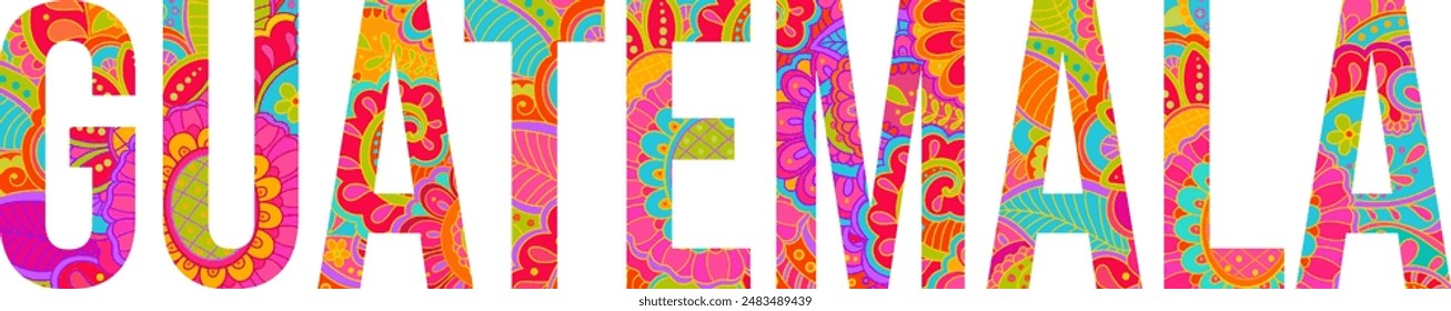 Guatemala decorative text title, colorful floral doodle pattern letters