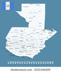 Guatemala - detailed blue country map with cities and regions. Infographic icons. Vector illustration