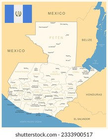 Guatemala - detailed map with administrative divisions and country flag. Vector illustration