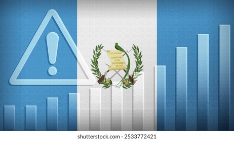 Guatemala flag with burlap texture, warning sign, and rising bar chart symbolizing increasing risk or growth challenges in the country. Ideal for data presentations.