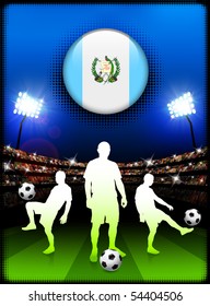 Botón de bandera de Guatemala con partido de fútbol en el estadio Ilustración original