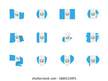 Guatemala flag - flat collection. Flags of different shaped twelve flat icons. Vector illustration set