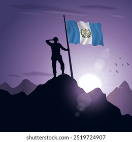 Guatemala Flag hoisted on a mountain peak with a purplish sunset in the background, vector illustration