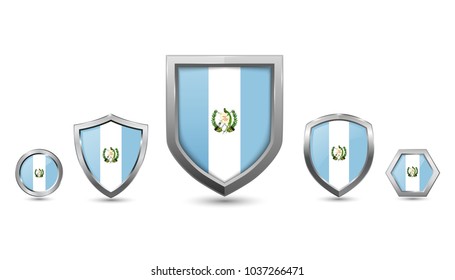 Guatemala flag - silver badge with different shape shield, circle and hexagon - on white background stock vector illustration