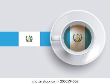 Guatemala flag with a tasty coffee cup on top view and a gradient background. Hot beverage with Guatemala flag, vector illustration.