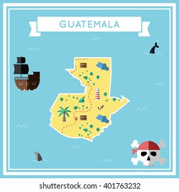 Guatemala flat treasure map. Colorful cartoon treasure map of Guatemala with flat icons of pirate ship, jolly roger, treasure chest and banner ribbon. Flat design vector illustration.